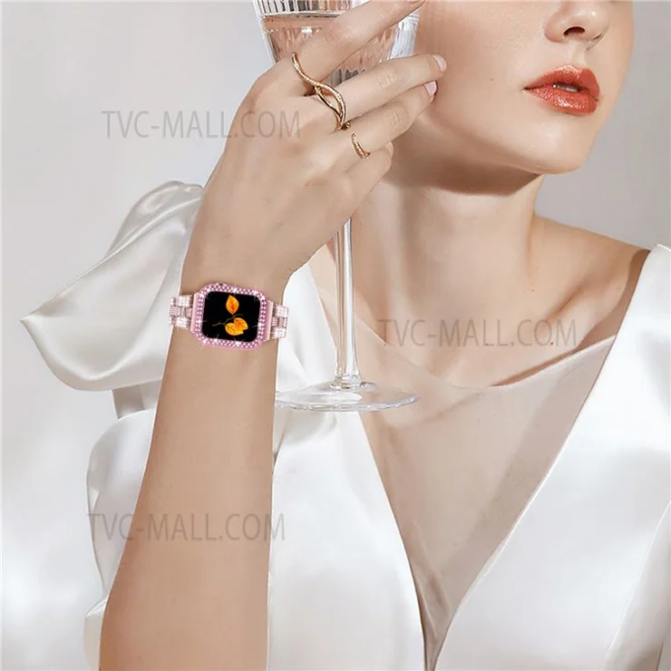 For Apple Watch Series 7 41mm Thread Rhinestone Stainless Steel Watch Strap + Hard PC Watch Case Cover - Rose Pink/Rose Pink