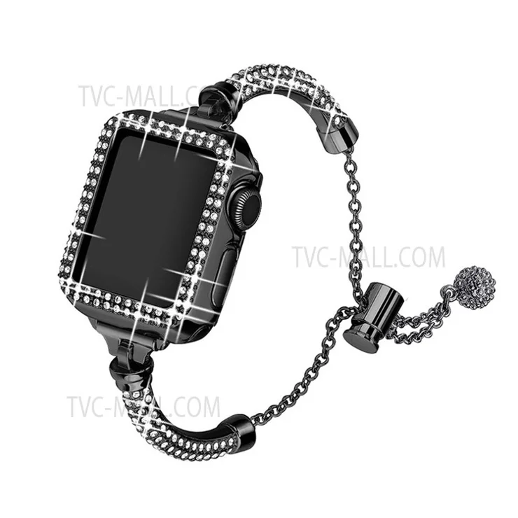 For Apple Watch SE / SE(2022) / Series 4 / 5 / 6 40mm Metal Stylish Rhinestone Decor Bracelet Wrist Strap Watch Band + Hollow Out PC Anti-scratch Watch Case - Black