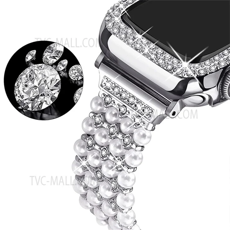 For Apple Watch Series 7 41mm Metal Watch Band Faux Pearl Replacement Strap + Rhinestone Decor PC Watch Case Cover - Silver
