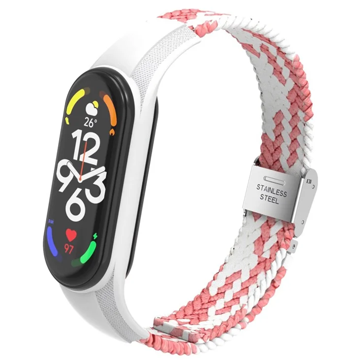 For Xiaomi Mi Band 7 Adjustable Nylon Braided Watch Band Replacement Wrist Strap with Stainless Steel Buckle - Pink/White