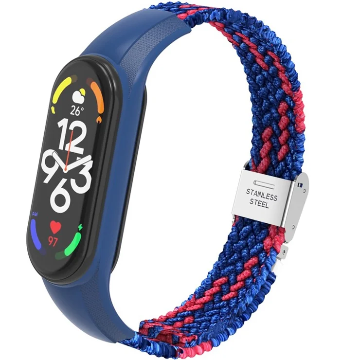For Xiaomi Mi Band 7 Adjustable Nylon Braided Watch Band Replacement Wrist Strap with Stainless Steel Buckle - Blue/Red