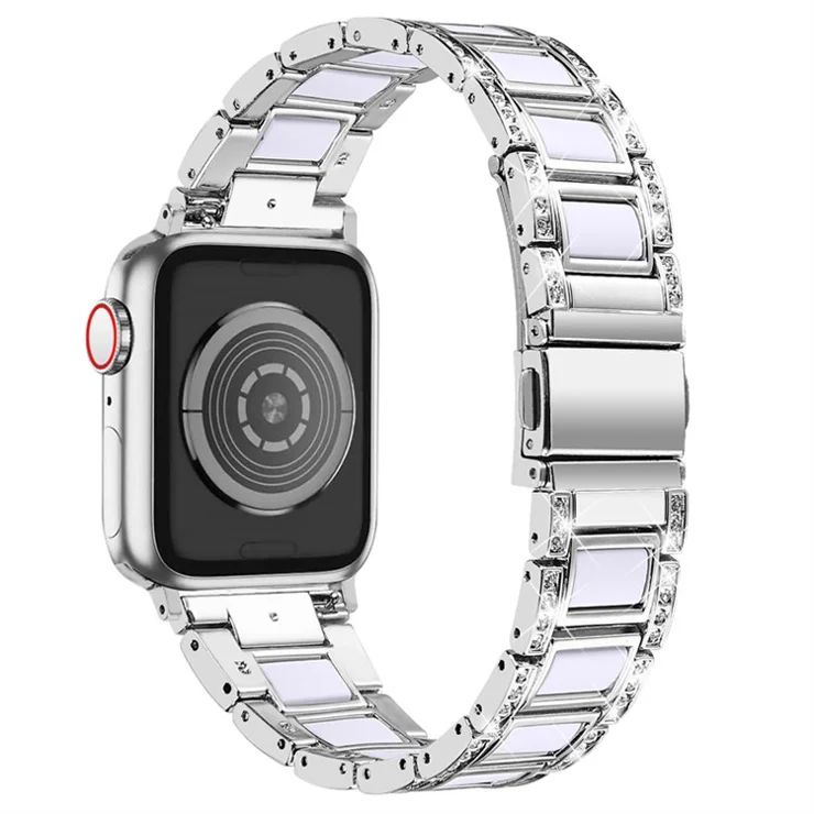 For Apple Watch Series 10 42mm / 9 8 7 41mm / 6 5 4 SE SE (2022) SE (2023) 40mm / 3 2 1 38mm Anti-Scratch Stainless Steel Resin Watch Band Rhinestone Decor Stylish Wrist Strap - Silver / White