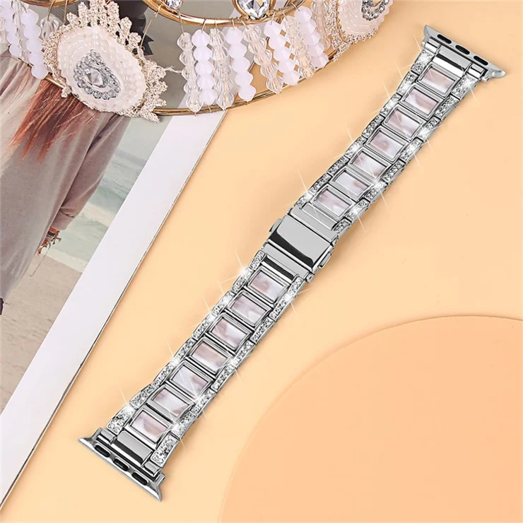For Apple Watch Series 10 42mm / 9 8 7 41mm / 6 5 4 SE SE (2022) SE (2023) 40mm / 3 2 1 38mm Anti-Scratch Stainless Steel Resin Watch Band Rhinestone Decor Stylish Wrist Strap - Silver / Pink Mix