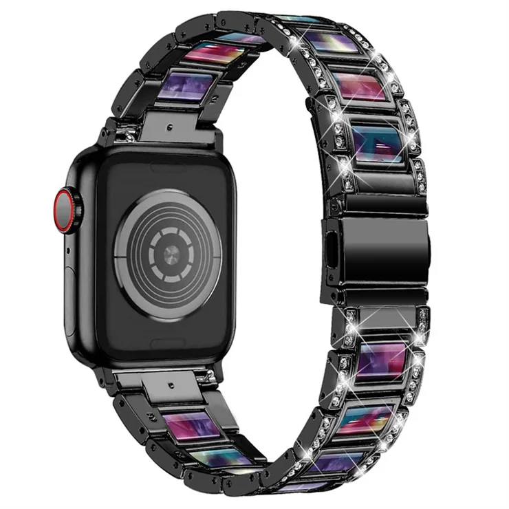 For Apple Watch Series 10 42mm / 9 8 7 41mm / 6 5 4 SE SE (2022) SE (2023) 40mm / 3 2 1 38mm Stainless Steel Resin Watch Band Rhinestone Decor Wrist Strap - Black / Purple Green Mix