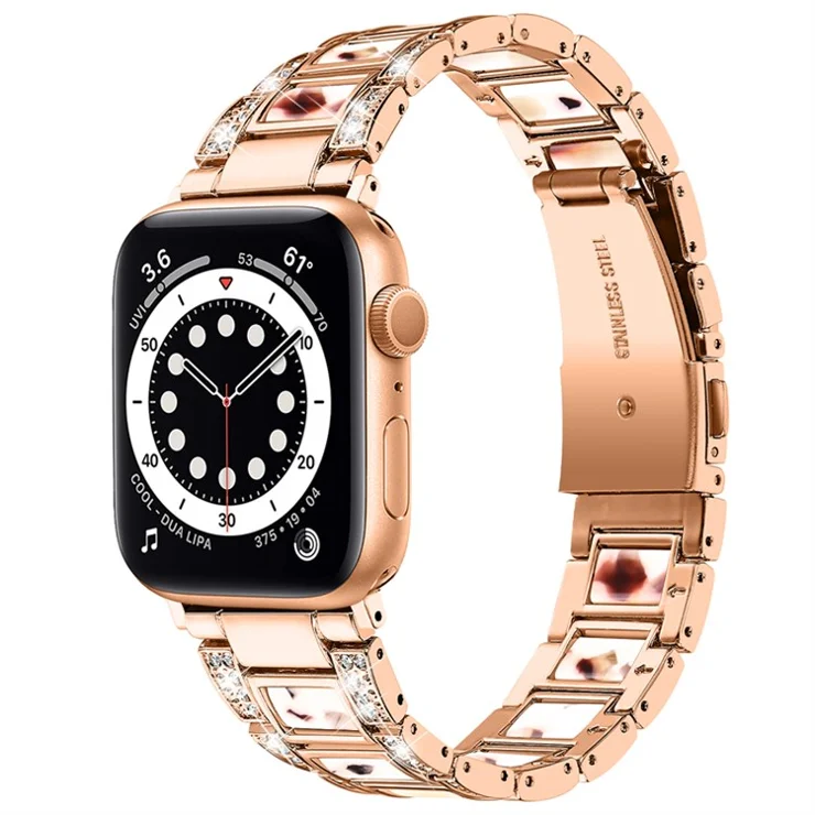 For Apple Watch Series 10 42mm / 9 8 7 41mm / 6 5 4 SE SE (2022) SE (2023) 40mm / 3 2 1 38mm Stainless Steel Resin Watch Band Rhinestone Decor Wrist Strap - Rose Gold / Nougat Pattern