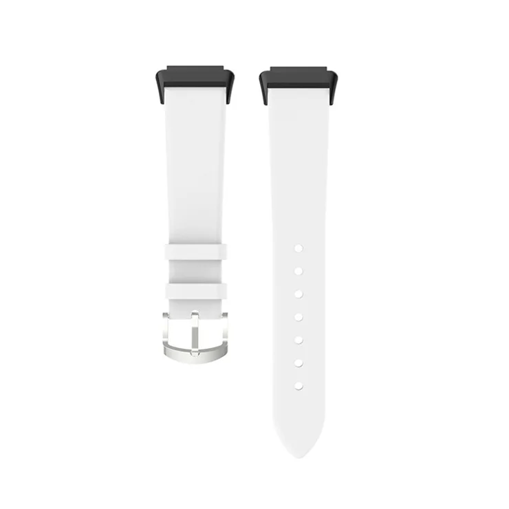 For Huawei Band 7 Genuine Leather Watch Band Replacement Strap with Metal Silver Buckle - White