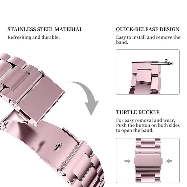 JLT For Samsung Galaxy Watch4 Classic 46mm / 42mm / Garmin Venu 2 Plus 22mm Stainless Steel Watch Strap Three Beads Wrist Band- Pink