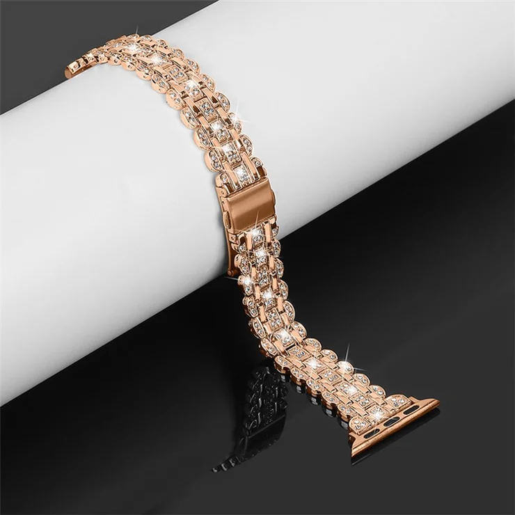 For Apple Watch Series 10 46mm / Ultra 2 Ultra 49mm / Series 9 8 7 45mm / SE (2023) SE (2022) SE 6 5 4 44mm / 3 2 1 42mm Watch Strap Stainless Steel Rhinestone Decor Wrist Band - Rose Gold