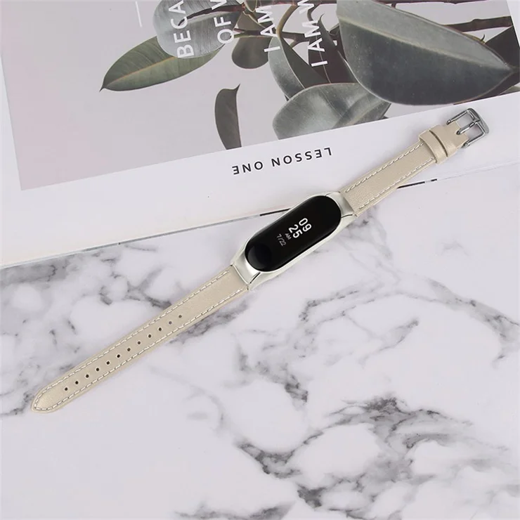 For Xiaomi Mi Band 7 Genuine Cowhide Leather Watch Band Adjustable Wrist Strap with Silver Watch Case - Apricot