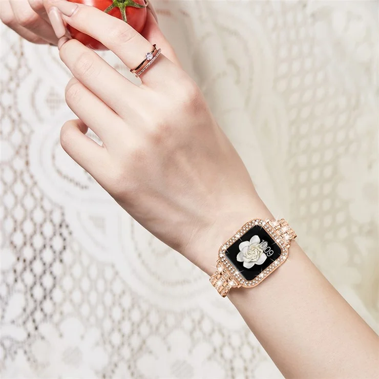 For Apple Watch Series 1 / 2 / 3 42mm Rhinestone Decor Stainless Steel Wrist Strap Watch Band with Hollow-out PC Watch Cover - Rose Gold
