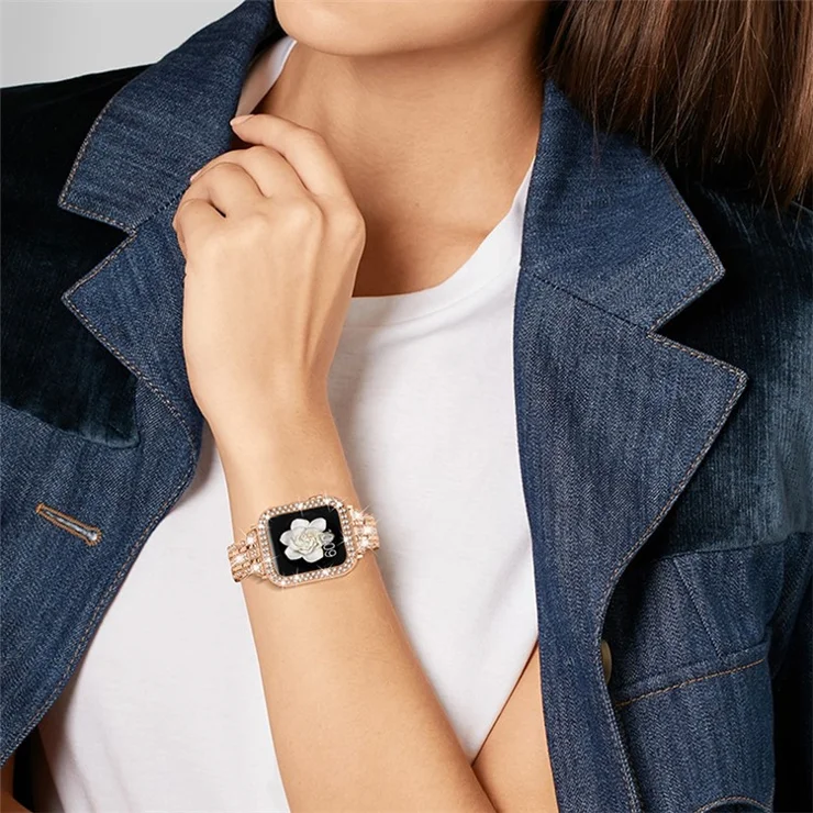 For Apple Watch Series 1 / 2 / 3 42mm Rhinestone Decor Stainless Steel Wrist Strap Watch Band with Hollow-out PC Watch Cover - Rose Gold