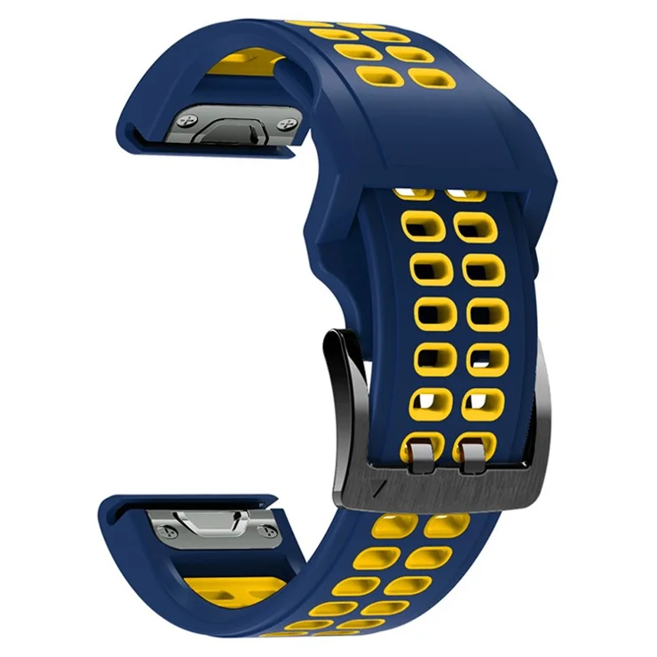 For Garmin Fenix 7X / 6X / 5X Dual Color Watch Strap Soft Silicone Replacement Watch Band with Stainless Steel Buckle - Dark Blue / Yellow