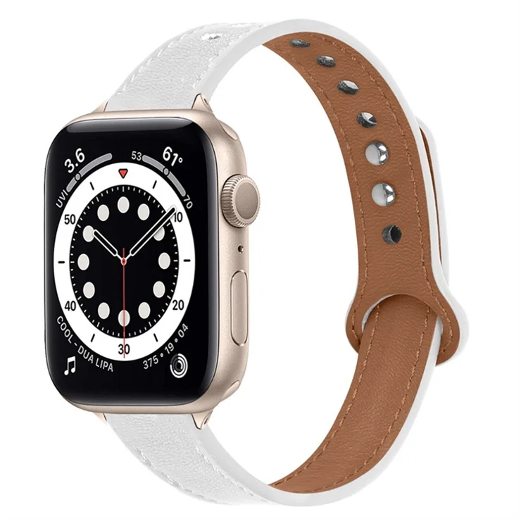 For Apple Watch Series 10 46mm / Ultra 2 Ultra 49mm / 9 8 7 45mm / SE (2023) SE (2022) SE 6 5 4 44mm / 3 2 1 42mm Genuine Cowhide Leather Double Snap Button Watch Band (Retro Gold Connector) - White