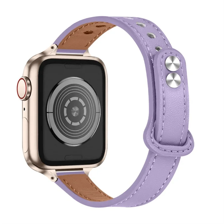For Apple Watch Series 10 46mm / Ultra 2 Ultra 49mm / 9 8 7 45mm / SE (2023) SE (2022) SE 6 5 4 44mm / 3 2 1 42mm Genuine Cowhide Leather Double Snap Button Watch Band (Retro Gold Connector) - Light Purple