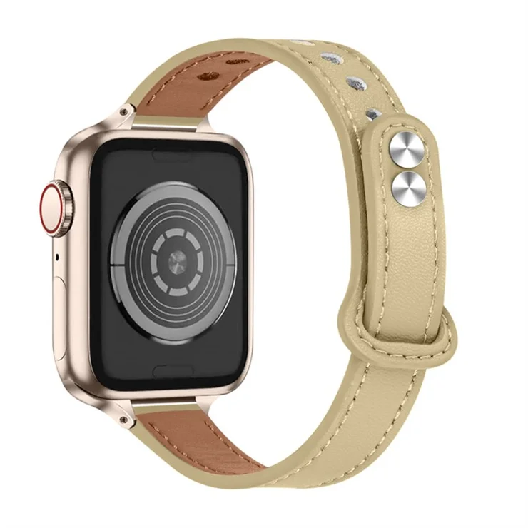 For Apple Watch Series 10 42mm / 9 8 7 41mm / 6 5 4 SE SE (2022) SE (2023) 40mm / 3 2 1 38mm Genuine Cowhide Leather Watch Band Double Snap Button Watch Strap (Retro Gold Connector) - Light Apricot