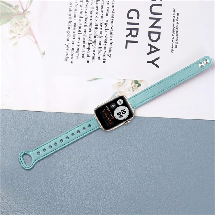 For Apple Watch Series 10 42mm / 9 8 7 41mm / 6 5 4 SE SE (2022) SE (2023) 40mm / 3 2 1 38mm Genuine Cowhide Leather Watch Band Double Snap Button Watch Strap (Retro Gold Connector) - Baby Blue