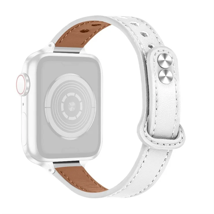 For Apple Watch Series 10 42mm / 9 8 7 41mm / 6 5 4 SE SE (2022) SE (2023) 40mm / 3 2 1 38mm Genuine Cowhide Leather Watch Band Double Snap Button Replacement Strap (Black Connector) - White