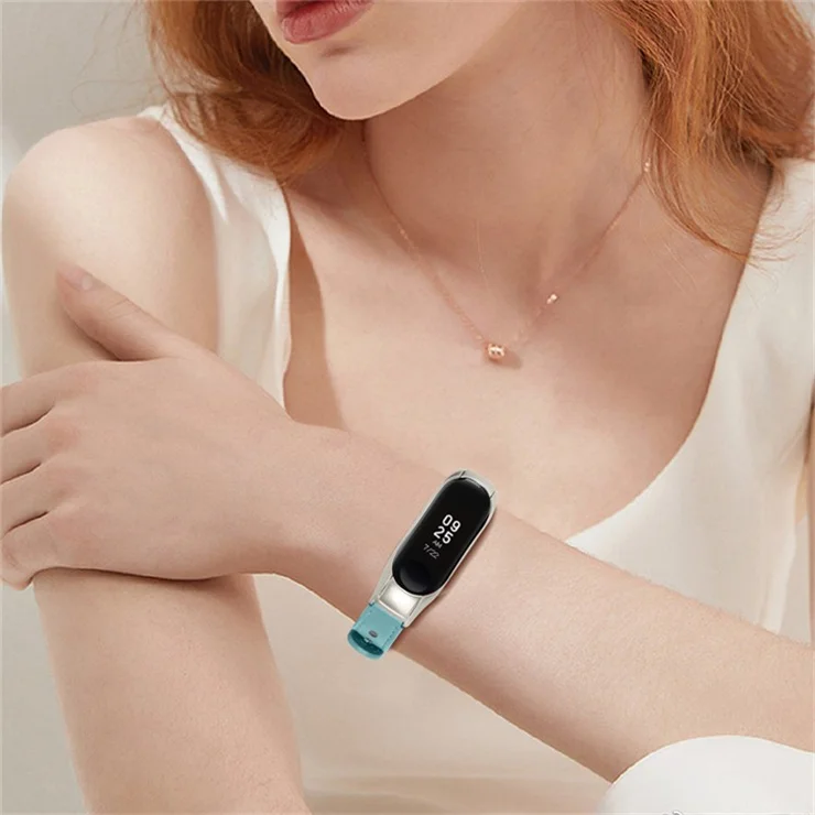For Xiaomi Mi Band 7 Top Layer Cowhide Replacement Strap Adjustable Wrist Band with Double Rivet, Rose Gold Watch Case - Blue