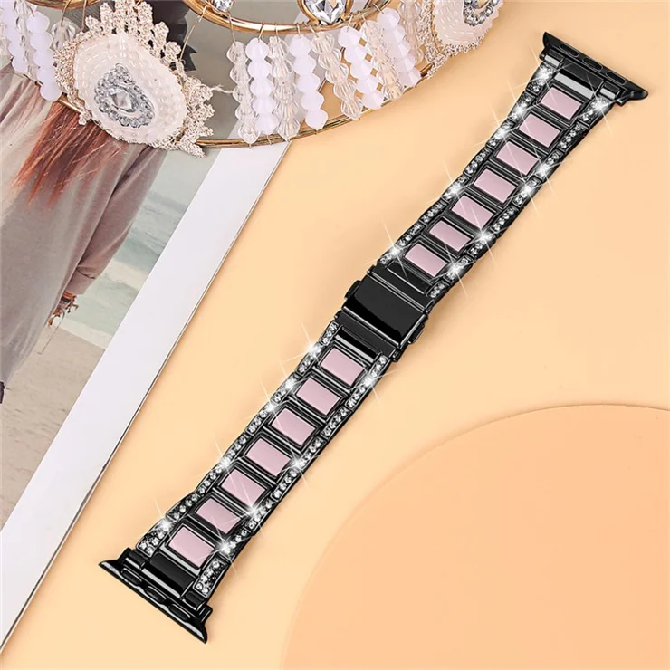 For Apple Watch Series 10 46mm / Ultra 2 Ultra 49mm / 9 8 7 45mm / SE (2023) SE (2022) SE 6 5 4 44mm / 3 2 1 42mm Resin Watch Band Rhinestone Decor Stainless Steel Strap - Black / Pink
