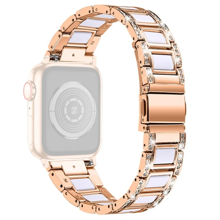 For Apple Watch Series 10 46mm / Ultra 2 Ultra 49mm / 9 8 7 45mm / SE (2023) SE (2022) SE 6 5 4 44mm / 3 2 1 42mm Resin Watch Band Rhinestone Decor Stainless Steel Strap - Rose Gold / White