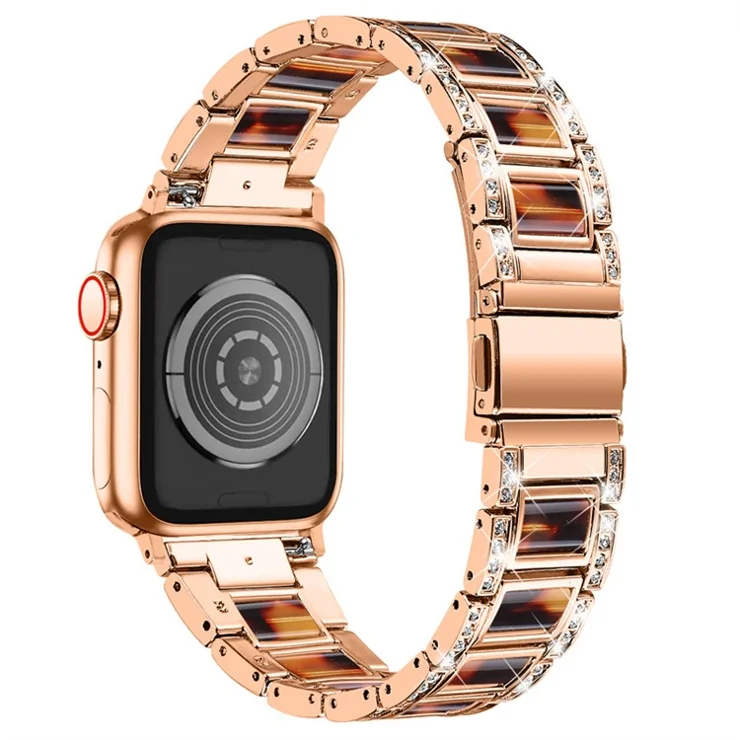 For Apple Watch Series 10 46mm / Ultra 2 Ultra 49mm / 9 8 7 45mm / SE (2023) SE (2022) SE 6 5 4 44mm / 3 2 1 42mm Resin Watch Band Rhinestone Decor Stainless Steel Strap - Rose Gold / Tortoiseshell Color