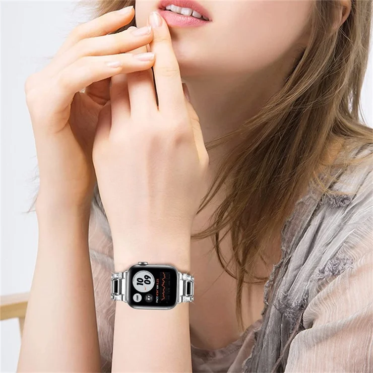 For Apple Watch Series 10 46mm / Ultra 2 Ultra 49mm / 9 8 7 45mm / SE (2023) SE (2022) SE 6 5 4 44mm / 3 2 1 42mm Stainless Steel Resin Watch Band Rhinestone Decor Wristband - Silver / Tortoiseshell Color