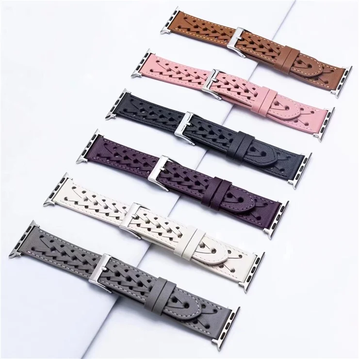 For Apple Watch Series 10 46mm / Ultra 2 Ultra 49mm / 9 8 7 45mm / SE (2023) SE (2022) SE 6 5 4 44mm / 3 2 1 42mm Hollow-Out Woven Watch Strap Genuine Leather V-Shaped Wrist Band - Purple