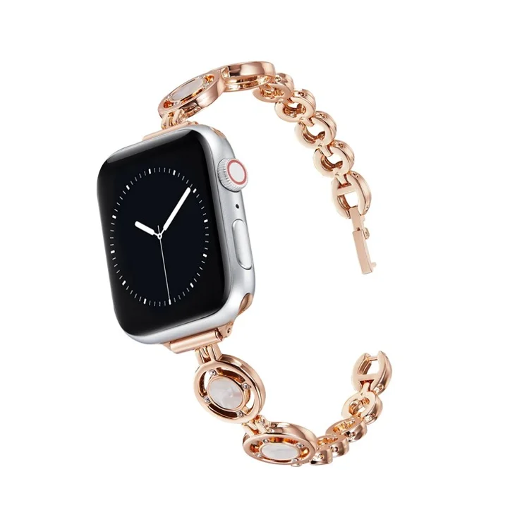 For Apple Watch Series 10 42mm / 9 8 7 41mm / 6 5 4 SE SE (2022) SE (2023) 40mm / 3 2 1 38mm Zinc Alloy Slim Watch Band Rhinestone Decor Bracelet Wrist Strap - Rose Gold / White