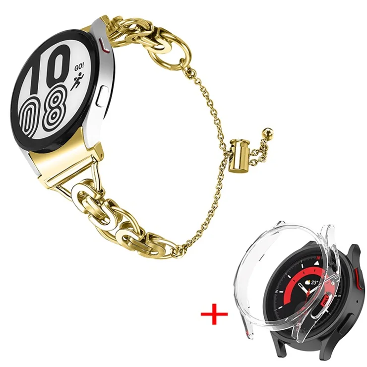 For Samsung Galaxy Watch 5 40mm Stainless Steel Watch Band Bead Decor Bracelet Replacement Strap with PC Protective Case - Gold + Transparent Watch Frame