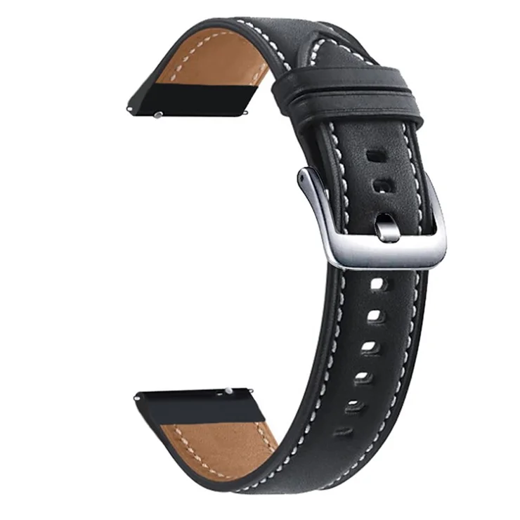 For Samsung Galaxy Watch3 41mm / Huawei Watch GT 2 42mm Genuine Leather Watch Strap 20mm Wrist Band with Silver Buckle - Black