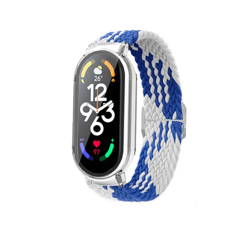 For Xiaomi Mi Band 7 / 7 NFC Elastic Watch Band 3 in 1 Nylon Braided Wrist Strap with PC Watch Case / Tempered Glass Screen Protector - Blue White / Transparent
