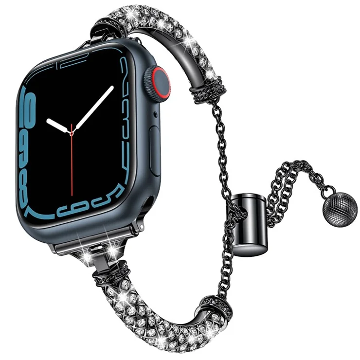 For Apple Watch Series 10 46mm / Ultra 2 Ultra 49mm / Series 9 8 7 45mm / 6 5 4 SE (2023) SE (2022) SE 44mm / 3 2 1 42mm Metal Watch Strap Rhinestone Decorated Stretch Jewelry Wrist Band - Black