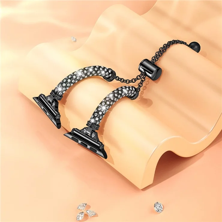 For Apple Watch Series 10 46mm / Ultra 2 Ultra 49mm / Series 9 8 7 45mm / 6 5 4 SE (2023) SE (2022) SE 44mm / 3 2 1 42mm Metal Watch Strap Rhinestone Decorated Stretch Jewelry Wrist Band - Black