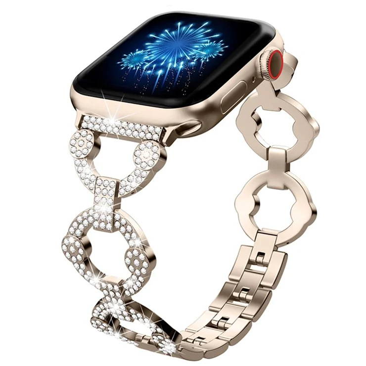 For Apple Watch Series 10 46mm / Ultra 2 Ultra 49mm / Series 9 8 7 45mm / 6 5 4 SE (2023) SE (2022) SE 44mm / 3 2 1 42mm Metal Watch Strap Watch Band with Rhinestone Decoration - Champagne Gold