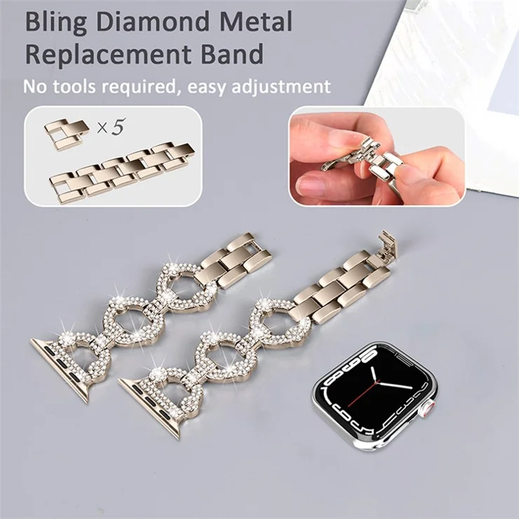 For Apple Watch Series 10 46mm / Ultra 2 Ultra 49mm / Series 9 8 7 45mm / 6 5 4 SE (2023) SE (2022) SE 44mm / 3 2 1 42mm Metal Watch Strap Watch Band with Rhinestone Decoration - Champagne Gold