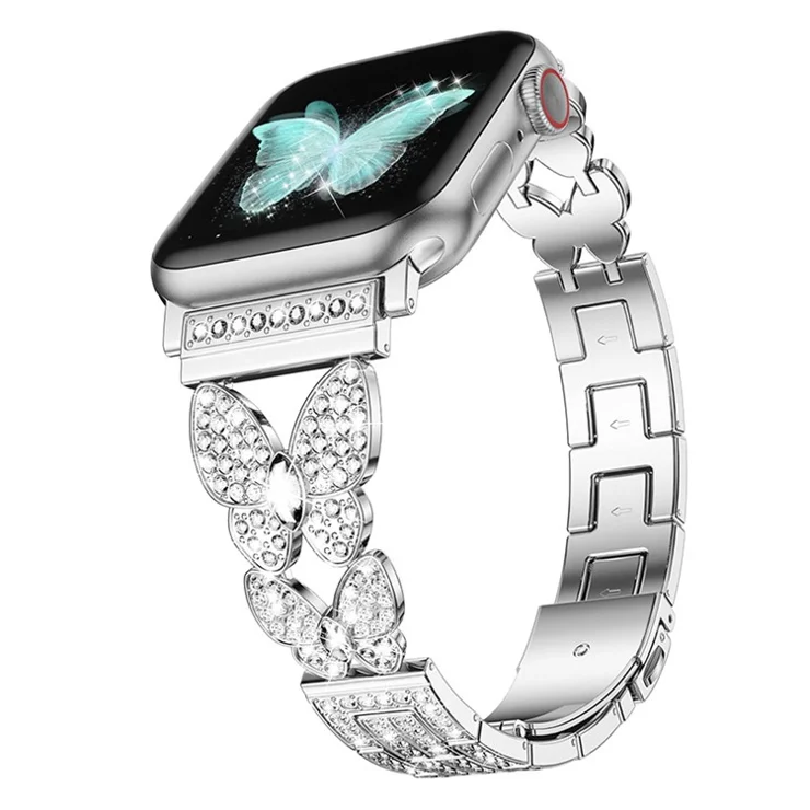 For Apple Watch Series 10 46mm / Ultra 2 Ultra 49mm / Series 9 8 7 45mm / 6 5 4 SE (2023) SE (2022) SE 44mm / 3 2 1 42mm Quick Release Watch Strap Metal Butterfly Watchband Rhinestone Decor - Silver