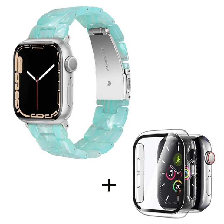 For Apple Watch Series 6 / 5 / 4 / SE / SE (2022) 44mm 3 Beads Resin Watch Strap Replacement Wrist Band with Transparent Watch Case - Emerald Green