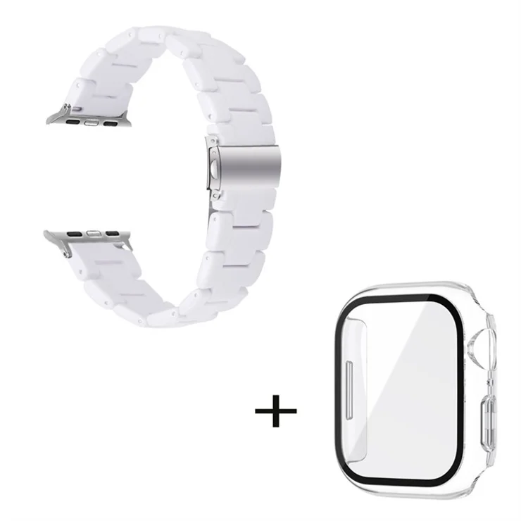 For Apple Watch Series 6 / 5 / 4 / SE / SE (2022) 44mm 3 Beads Resin Watch Band Stainless Steel Folding Clasp Strap with Transparent Watch Case - White