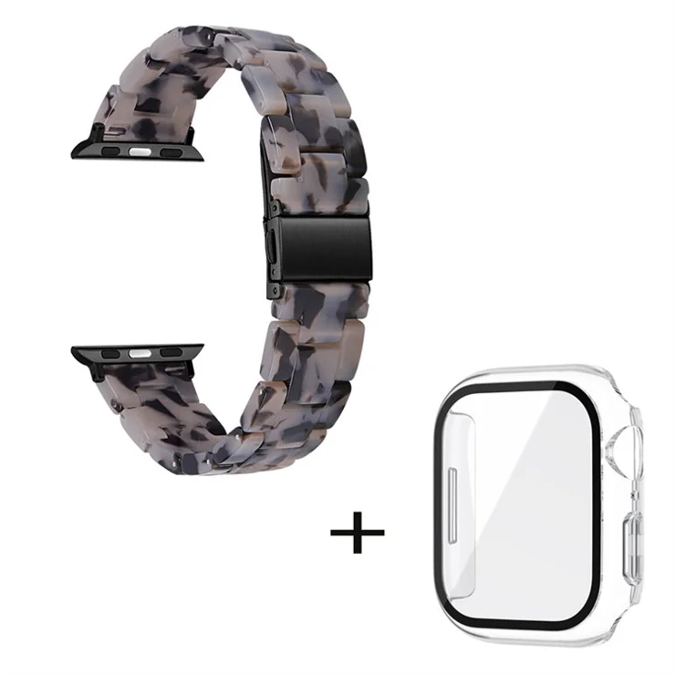 For Apple Watch Series 6 / 5 / 4 / SE / SE (2022) 44mm Replacement Watch Band 3 Beads Resin Wrist Strap with Transparent Watch Case - Black / Grey