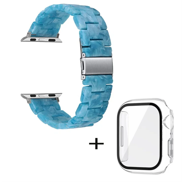 For Apple Watch Series 3 / 2 / 1 42mm Watch Band 3 Beads Resin Stainless Steel Folding Clasp Wrist Strap with Transparent Watch Case - Marble Blue