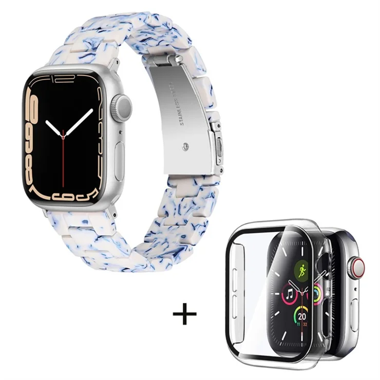 For Apple Watch Series 6 / 5 / 4 / SE / SE (2022) 40mm Watch Band 3 Beads Resin Replacement Wrist Strap with Transparent Watch Case - Blue / White