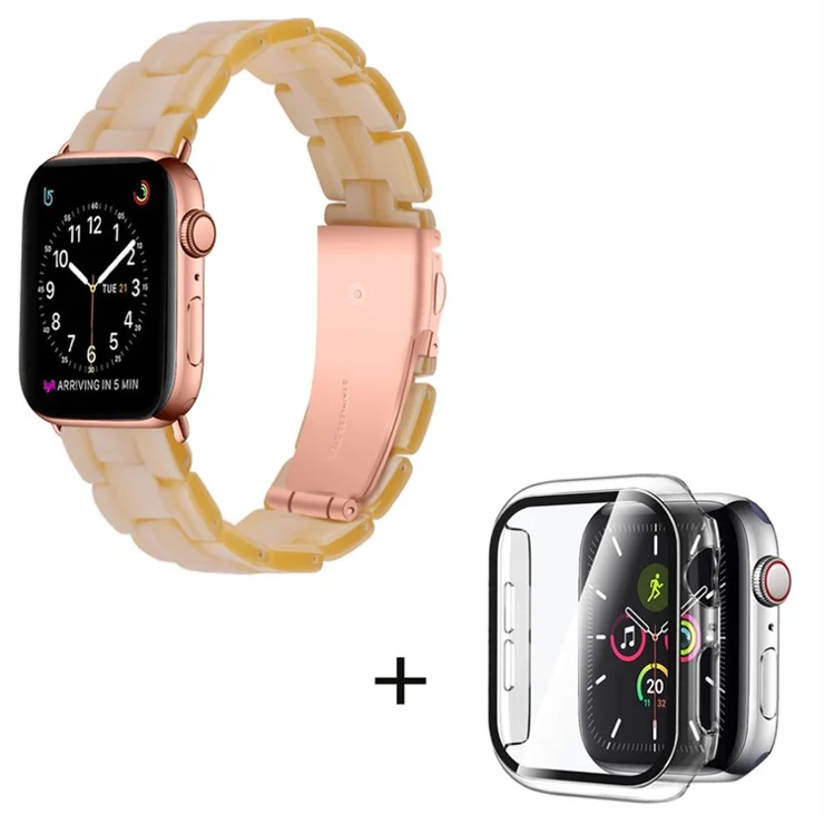 For Apple Watch Series 6 / 5 / 4 / SE / SE (2022) 40mm 3 Beads Resin Watch Band Folding Clasp Replacement Strap with Transparent Watch Case - Ivory White