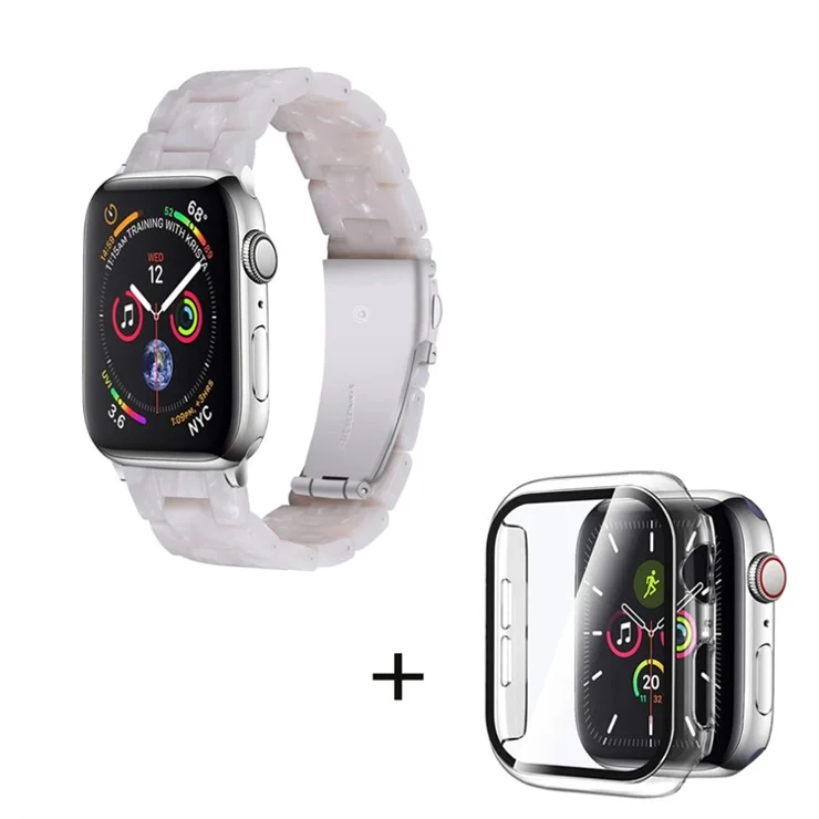 For Apple Watch Series 6 / 5 / 4 / SE / SE (2022) 40mm 3 Beads Resin Watch Band Folding Clasp Replacement Strap with Transparent Watch Case - Pearl White