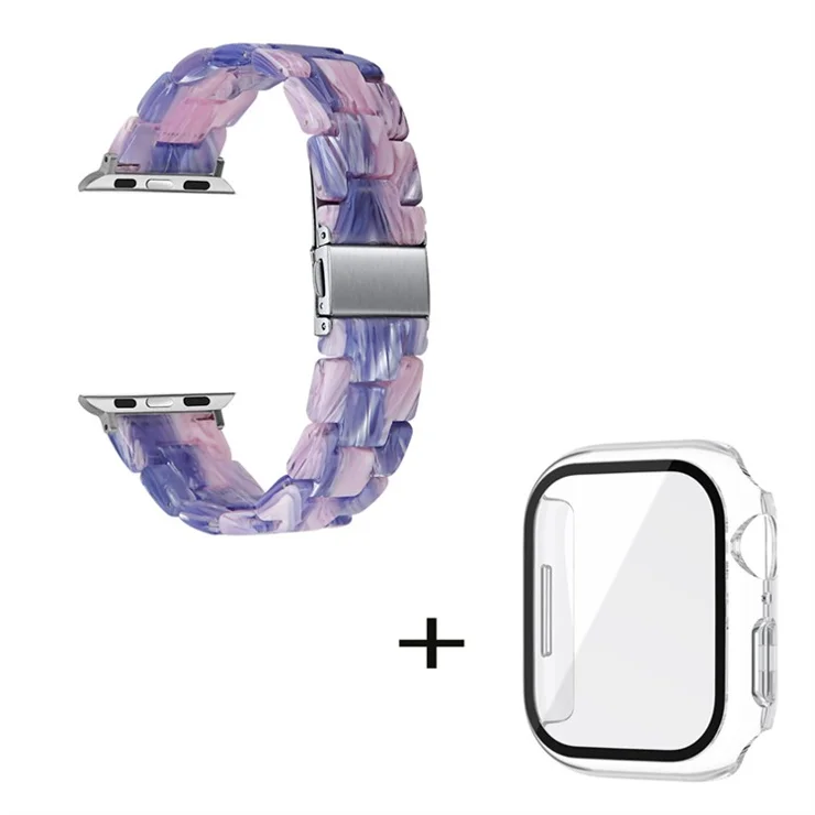 For Apple Watch Series 6 / 5 / 4 / SE / SE (2022) 40mm 3 Beads Resin Watch Band Folding Clasp Replacement Strap with Transparent Watch Case - Purple Pink Mix