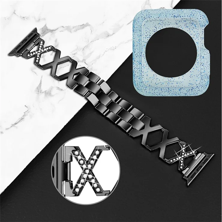 For Apple Watch Series 3 / 2 / 1 42mm Rhinestones Decor Hollow X-Shape Stainless Steel Wrist Band + Glitter Blue TPU Watch Case - Black