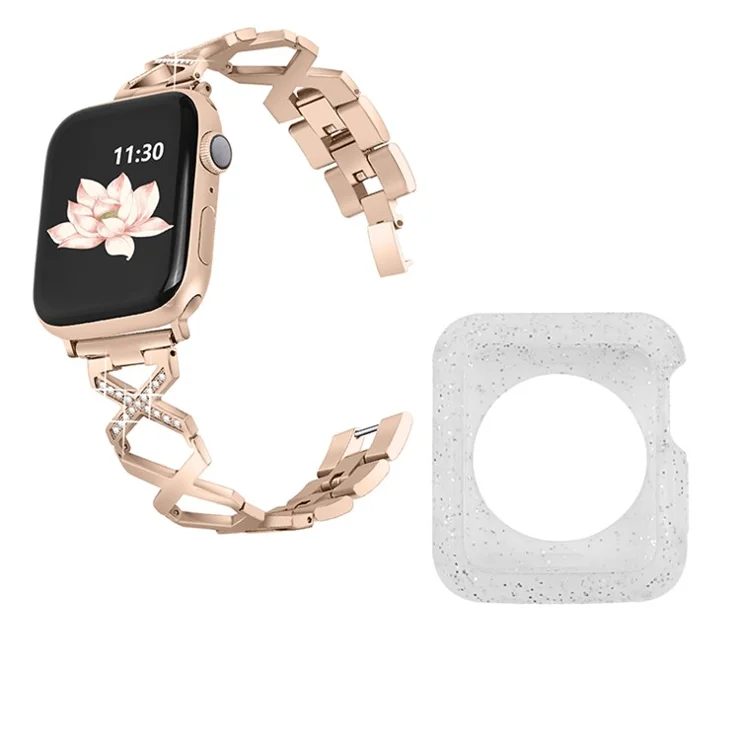 For Apple Watch Series 3 / 2 / 1 38mm Hollow X-Shape Rhinestones Decor Stainless Steel Watch Band + Glitter Silver TPU Protective Watch Case - Gold