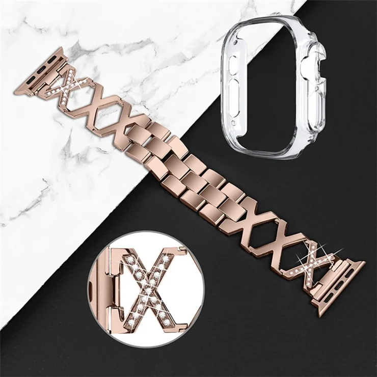 For Apple Watch Ultra 49mm Rhinestone Decor Watch Band X-shaped Stainless Steel Bracelet with Transparent Watch Bumper Frame - Gold