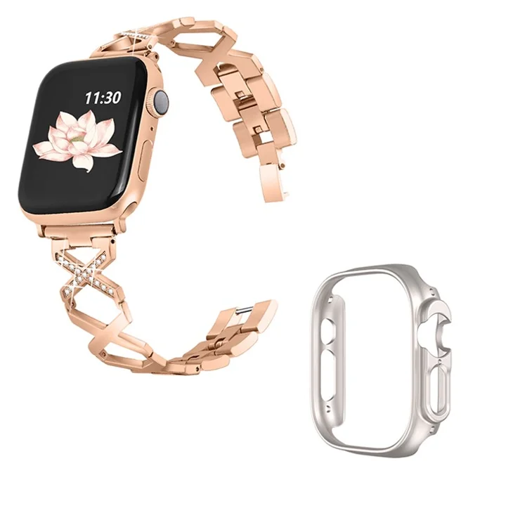 For Apple Watch Ultra 49mm Stainless Steel Watch Band Rhinestone Decor X-shaped Strap Replacement with Hollow Starlight Color PC Watch Case - Rose Gold