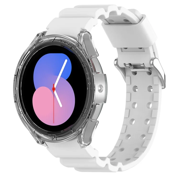 For Samsung Galaxy Watch5 44mm / Watch4 44mm Replacement Silicone Strap Adjustable Wrist Band with PC Watch Case - White