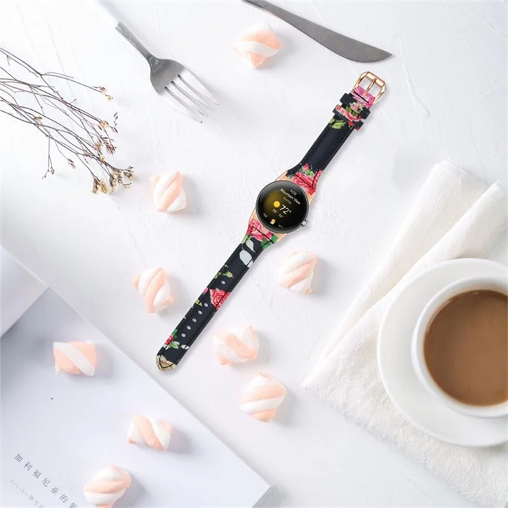 For Google Pixel Watch 2 / Pixel Watch Flower Pattern Watch Band Genuine Leather Adjustable Strap with Rose Gold Connector - Flower Pattern A